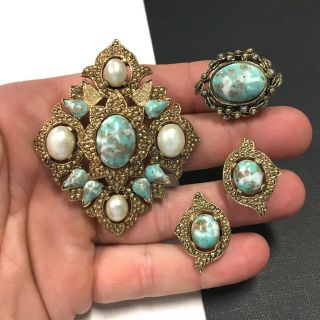 Vtg Sarah Coventry Faux Turquoise & Pearl Cab Brooch,  Earring & Ring Set Gg318o