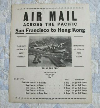 1937 Pan American Airways " China Clipper " Air Mail Poster -