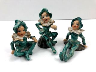 Ceramic Pixie Elf Elves Figurine Sitting Occupied Japan Set Of 3 Green Vintage