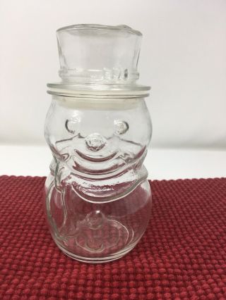 Vtg Clear Glass Snowman Jar With Tophat Lid Canada 7.  5” Candy Canister