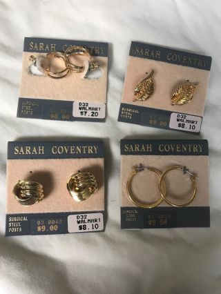 4 Pairs Of W/tags Vintage Signed Sarah Coventry Goldtone Pierced Earrings