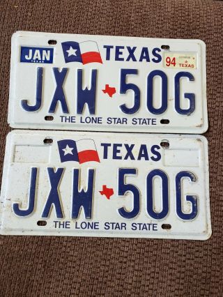 Texas 1990s License Plate Pair Jxw - 50g Lone Star State Flag Jan 1994
