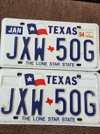 Texas 1990s License Plate Pair JXW - 50G Lone Star State Flag Jan 1994 2