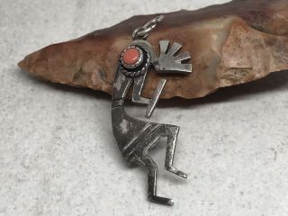 Vintage Old Pawn Navajo Signed Sterling Silver Coral Kokopelli Pendant