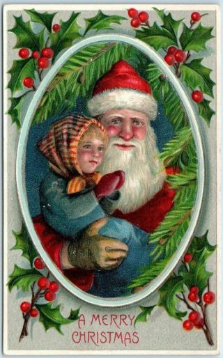 Vintage Christmas Embossed Postcard Santa Claus In Red Suit W/ Girl 1910s