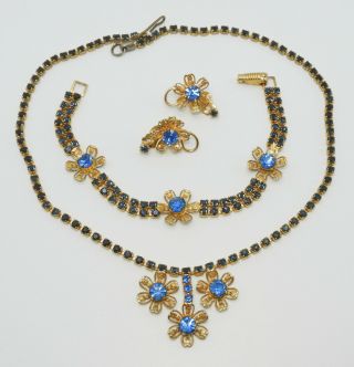 Vintage Blue Rhinestone Gold Tone Necklace,  Bracelet & Earring Set
