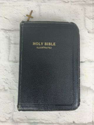 Vintage Holy Bible Kjv Illustrated Leather World Publishing Cross Zipper