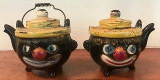 Vintage Clown Salt And Pepper Shakers Black Americana Red Clay Teapot