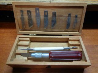 Vintage X - Acto Knifes / Blades In Wooden Box