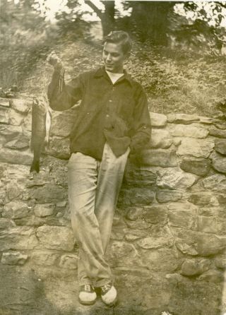 Vintage Sepia Photo - Handsome Young Man Holding Up Recently Caught Fish