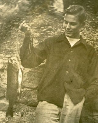 VINTAGE SEPIA PHOTO - HANDSOME YOUNG MAN HOLDING UP RECENTLY CAUGHT FISH 2