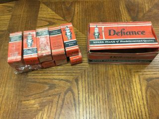 Set Of 10 Vintage Spark Plug & Box Defiance 54 - H Heavy Duty 7/8” Cold