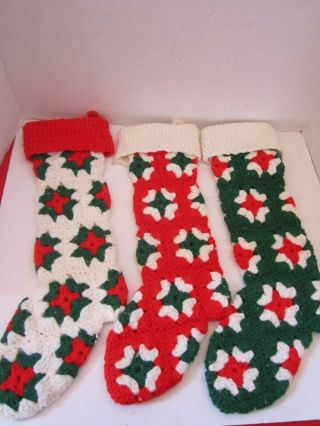 Vintage Crocheted Christmas Stocking Granny Square Green Red White Set 5