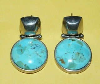Vtg Modernist " 925 " Sterling Silver W/ Turquoise Ornate Dangle Design Earrings