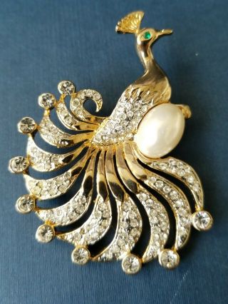 Vintage Brooch Pin Peacock Gold Tone Clear Crystals