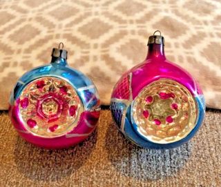 2 Vintage Poland Indented Hot Pink & Blue Glass Christmas Tree Ornaments (k)