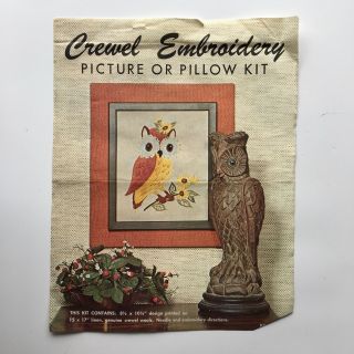 Vintage Elsa Williams Owl Flowers Crewel Embroidery Kit KC275 Printed Linen Wool 2