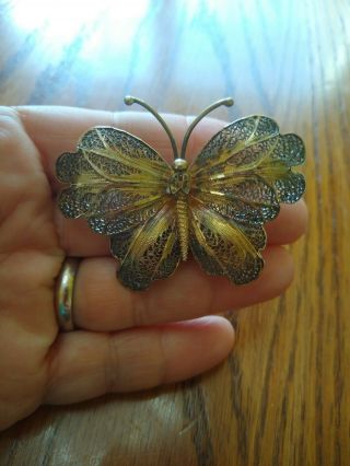 Large 2.  25 " Vintage 800 Sterling Silver Filigree Butterfly Pin Brooch Signed