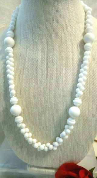 Miriam Haskell Vintage Signed 26 " White Glass Beads Necklace Unusual Shapes