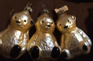 3 Vintage Blown Glass German Teddy Bear Christmas Ornaments.