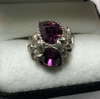Vintage Sarah Coventry Silvertone Purple Heart Rhinestone Flower Adjustable Ring