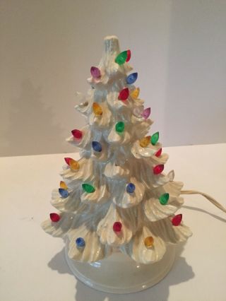 Vtg 9” Ceramic White Christmas Tree With Multi - Colored Lights