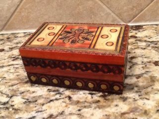 Vintage Small Wooden Trinket Box Made In Poland Hinged Carved Lined