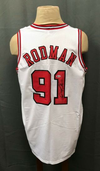 Dennis Rodman 91 Signed Bulls Jersey Auto Sz Xl Beckett Bas Witnessed Hof