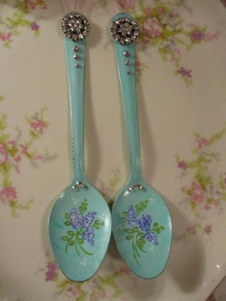 Shabby Chic Hand Painted Roses - Set Of Two Vintage Jeweled Spoons - Blue