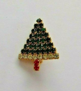 Vintage Rhinestone Christmas Tree Gold Tone Brooch Pin