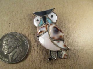 Vintage Sterling Silver & Turquoise/mop/shell Owl Brooch,  Unsigned,  5.  1g