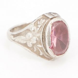 Vtg Sterling Silver - Art Deco Faceted Pink Glass Flower Ring Size 6.  5 - 6.  5g