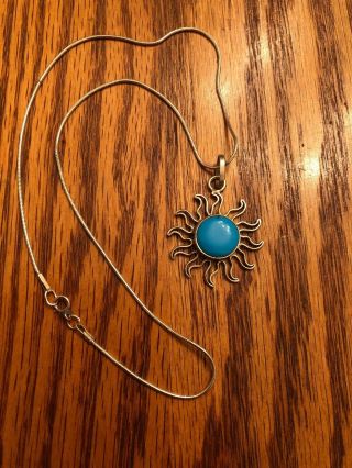 Vintage Sterling Silver Turquoise Sun Pendant On 15” Sterling Chain