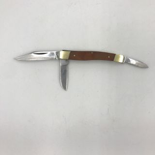 Vintage Ka - Bar 1109 Usa Folding 3 Blade Pocket Knife Brass Wood Stainless Sm