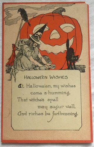 Vintage Halloween Postcard Jack O Lantern Fortune Telling Witch & Black Cat
