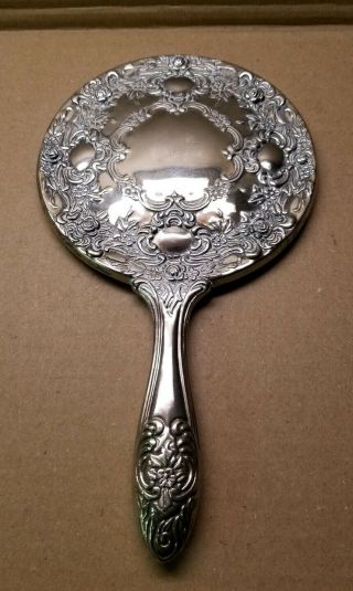 Vintage Silver Plate 9 - 1/4 " Hand Mirror Floral & Scroll Repousse Victorian Style