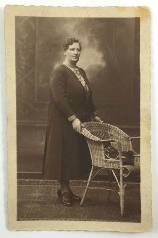 Vintage Rppc Real Photo Poscard Of Woman Posing W Wicker Chair Painted Backdrop