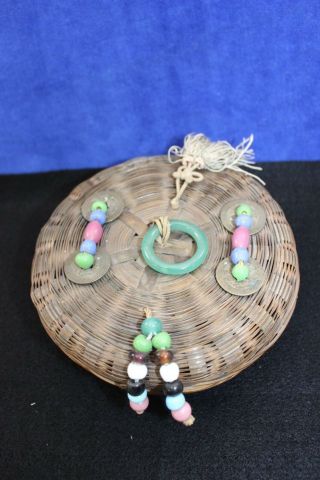 Vintage Woven 5 - 1/2 " Asian Sewing Basket With Glass Beads,  Silk Tassels & Coins
