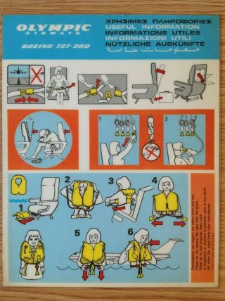 Safety Card Olympic Airways Boeing 727 - 200