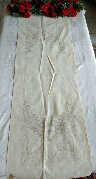 Vintage Stamped Linen For Embroidery,  Dresser Scarf,  Runner,  Flowers 43x15 "