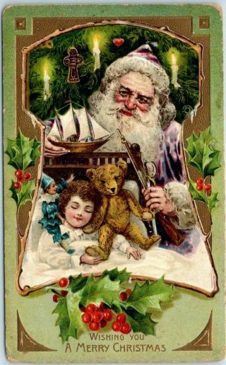 Vintage Santa Claus Christmas Postcard Purple Suit Robe Girl In Bed Teddy Bear