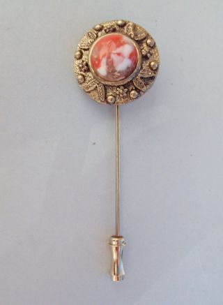 Vtg Red Orange White Gold Marbled Glass Textured Gold Tone Stick Pin Brooch