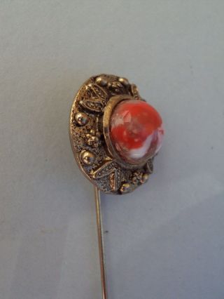 Vtg Red Orange White Gold Marbled Glass Textured Gold Tone Stick Pin Brooch 2