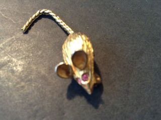 Vintage Mouse W/ Red Rhinestone Eyes Gold Tone Mini Brooch Pin Chain Tail