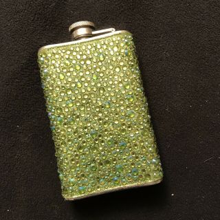 Vintage Rhinestone Lady Flask Green 7 Oz Silver Stainless Steel Sparkle Shine