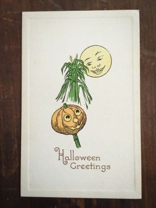 Vintage Gibson Halloween Postcard - Jack - O - Lantern Corn Full Moon