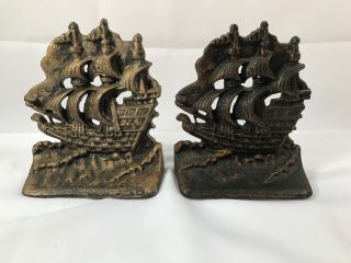 Vintage 2 Cast Iron Ornate Bookend Constitution Nautical Ship Sail Boat Mismatch