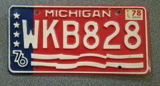 Vintage 1976 Michigan Bi - Centennial License Plate Wkb 828 Red White & Blue