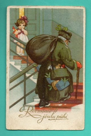 Estonia Christmas Santa Claus Green Suited Vintage Postcard 259