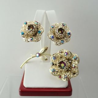 VTG Sarah Coventry Fashion Flower Gold Tone Flower Pin Brooch Earring Set 2